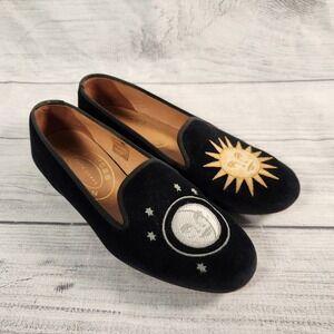 Stubbs & Wootton Black Velvet Celestial Sun Moon Slippers Loafers Womens 6.5